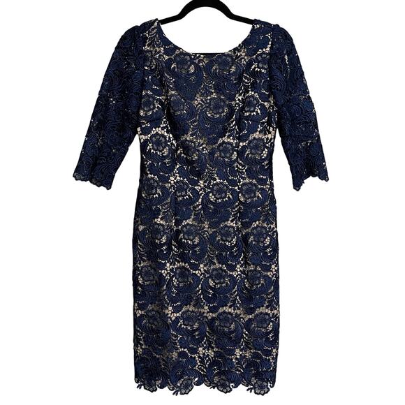 Eliza J Dresses & Skirts - Eliza J Dress Royal Collection Sheath Navy Blue Lace 3/4 Sleeve V Back‎ Size 6